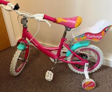 14inch Flamingo Kids Bike with Doll Carrier and  Stabilisers Excellent ConditioN