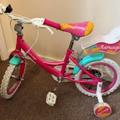 14inch Flamingo Kids Bike with Doll Carrier and  Stabilisers Excellent ConditioN