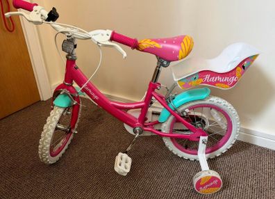 14inch Flamingo Kids Bike with Doll Carrier and  Stabilisers Excellent ConditioN