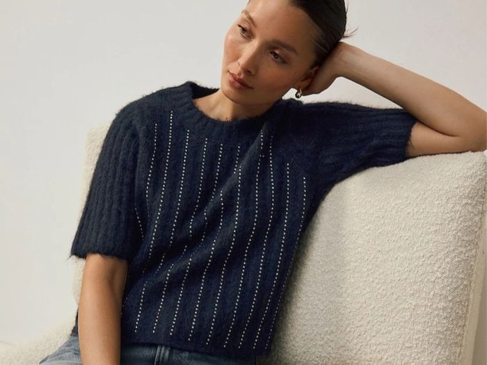 Next -Navy Blue Gem Crew Neck Knitted T-Shirt With Wool
