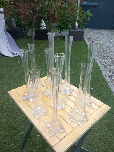 11 Art Noveau glass stem vases, bought in Vienna 70s, D18