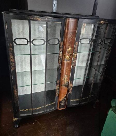 Vintage  Turnige Chinoiserie locking ebonised handpainted cabinet 3 tiers