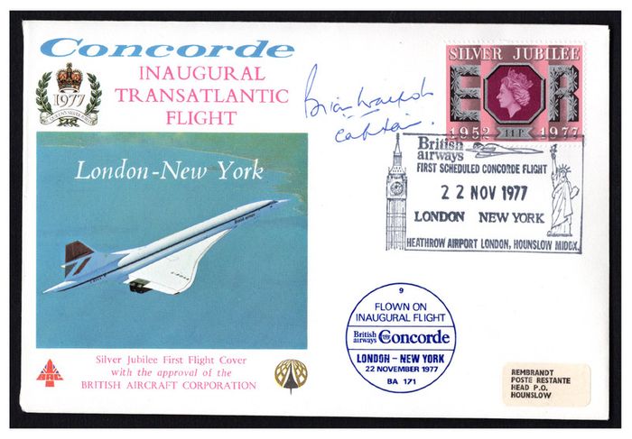 1977 Great Britain Concorde Flight Cover (with approval of British Aircraft Corporation) SST Inaugural Transatlantic Flight. New York to London. Signed by Captain Brian Walpole.