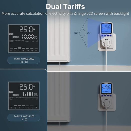 Dual Tariffs Electricity Usage Monitor Power Meter Energy UK Plug with Backlight, Maxcio Upgrade Watt Meter Power Consumption Analyzer, Voltage Amps Wattage KWH Energy Saving Meter Outlet Socket 2P