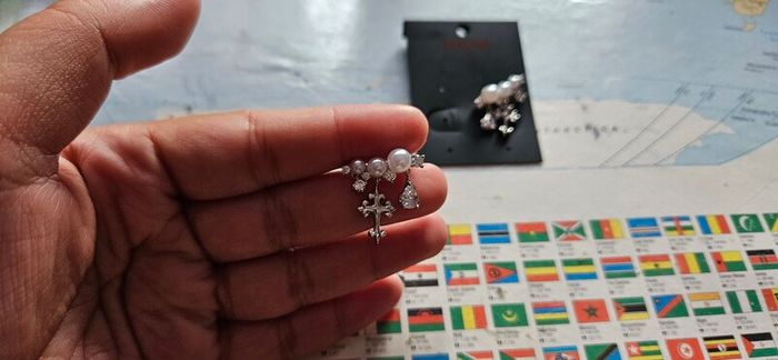 Horsimy Faux Pearl Diamante Drop Cross Earring