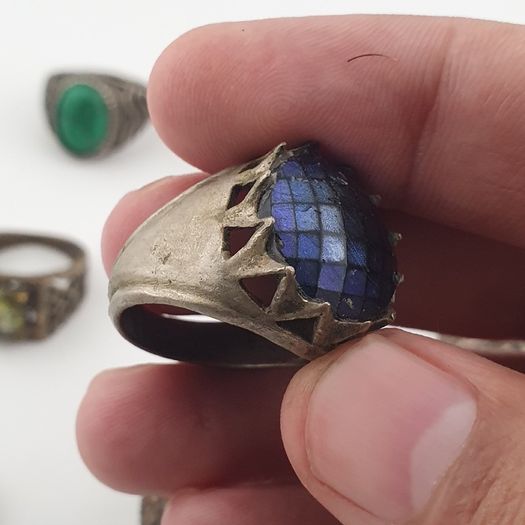 Antique Ring Lot 15 Mixed Brass, Stone & Glass Rings