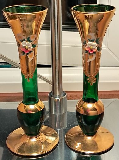 2 x Emerald Green Bohemian Art Glass Bud Vases