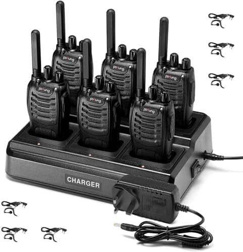 Talkies Long Range 2 Way Radio pofung  License Free Walkie Talkie for Adults Rechargeable with 6 Way Charger Earpieces VOX Flashlight for Warehouse Security Church (Black 6 Pack)