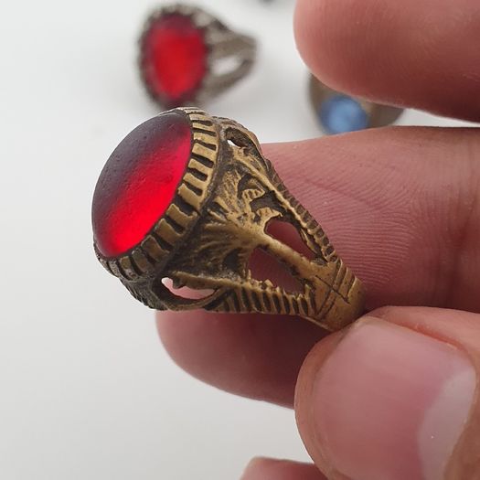 15 Antique Style Brass Rings Mixed Stone & Colourful Glass Accents