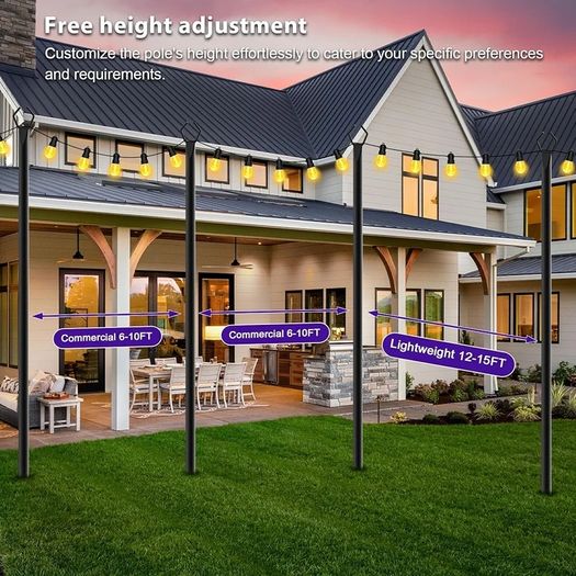 6pack 3M String Light Pole, Metal Outdoor String Light Pole, Suitable for Courtyard,Backyard,Garden,Patio,Party,Wedding Hanging Light Pole,Rustproof and Sturdy with Hooks.