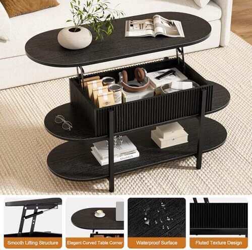 Coffee Table, Fluted Wood Center Table with Hidden Storage