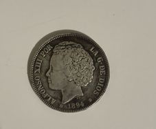 1894 Spanish 2 Pesetas Silver Coin