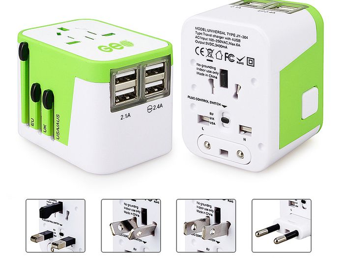 New GEO Smart Travel Adapter with 4 USB Charging Ports, All-In-One Universal Plug / Safe Wall Charger with USB Surge Protection - 1 YEAR GUARANTEE