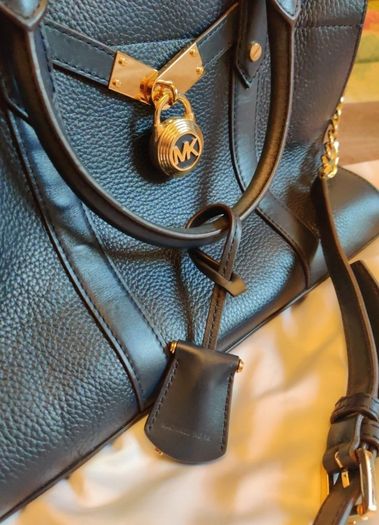 Michael Kors Nouveau Hamilton Medium Zip Satchel Crossbody Navy Faux leather