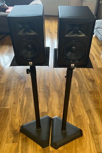 Two JBL LSR 305 Speakers + Two Speaker Stands