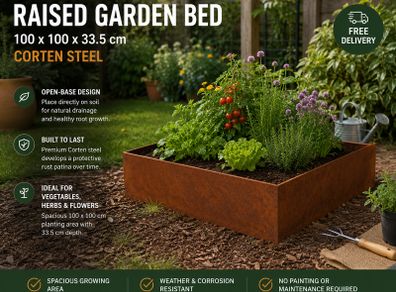 Raised Garden Bed 100 x 100 x 33.5 cm Corten Steel Weatherproof Planter