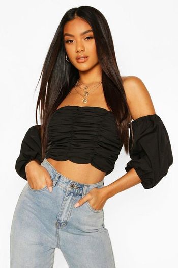 Boohoo Ruched Volume Sleeve Crop Top Black UK6 New With Tags