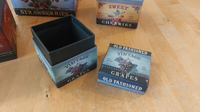 Fabulous Set of Four Graduated Stackable Nesting Storage Boxes by Quality Manufacturer Bob's Boxes/Lang Paper Co. with "Fancy Fruits" Artwork by Kimberly Poloson