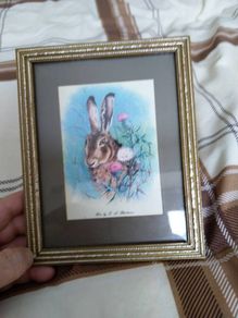 picture with rabbit old picture signed .