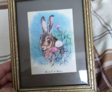 picture with rabbit old picture signed .