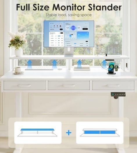 Electric Standing Desk, 120 x 54cm Height Adjustable Desk with 3 Drawers, RGB LED Strip & Charging Station for Home Office Computer Workstation, Computer Table with Monitor Stand, White