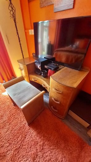 Antique Walnut Art Deco Style Mirror Dressing Table and Stool.