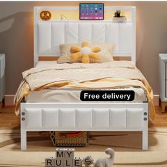Single Bed Frames with Storage Headboard and Charging Station/LED Lights,Heavy