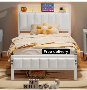 Single Bed Frames with Storage Headboard and Charging Station/LED Lights,Heavy