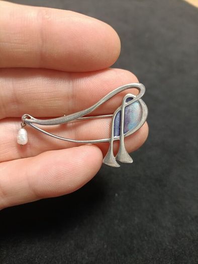 Pat Cheney for Malcolm Gray Modernist Silver and Enamel With Pearl Drop Brooch