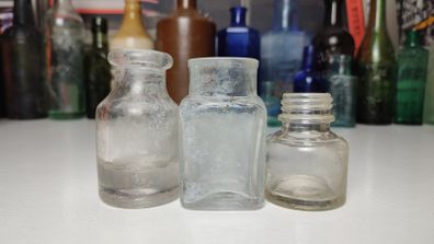 195 - Set of 3 Vintage Clear Glass Cork Screw Top Decorative Collectible Inkwells Ink Bottles
