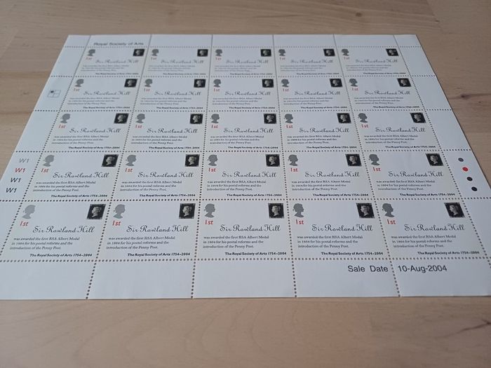 BRITISH 1st Class Stamps (Sheet of 25, Sir Rowland Hill, Royal Society of Arts 2004)