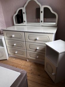 White Dressing Table with Triple Mirror & Matching Bedside Lockers