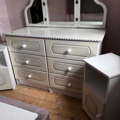 White Dressing Table with Triple Mirror & Matching Bedside Lockers