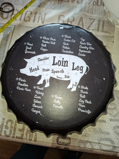 Vintage-style Metal Wall Sign is a Giant Beer Bottle Cap Designed to Show the Various Cuts of Pork, Postage Available or Collection