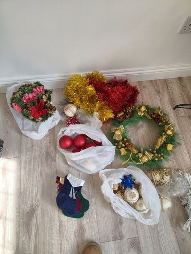 Christmas decorations and two trees
