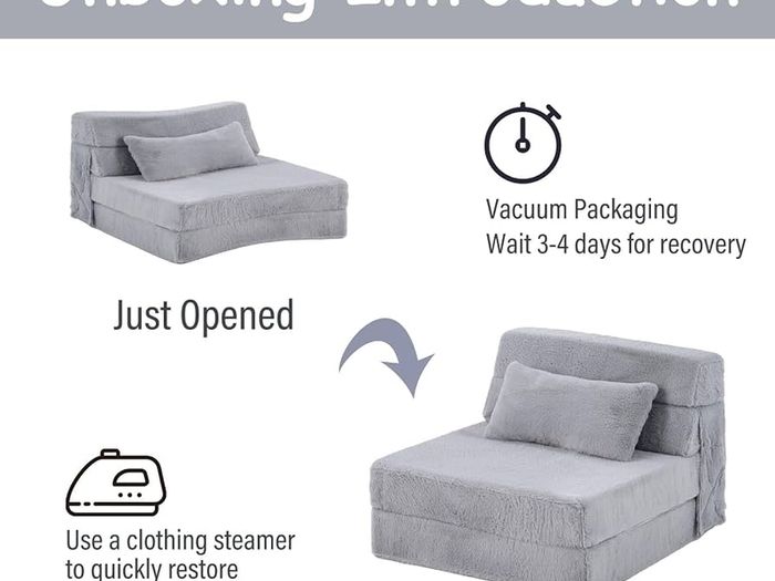 Convertible Folding Kids Sofa Bed with Pillow & Storage Bag, Plush Fabric Floor Mattress Couch Bed, Washable Cover, Kids Room, Playroom, Dorm, Apartment, White Grey