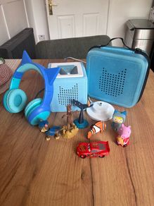Blue Tonie Box with headphones, carry case and 6 Tonies