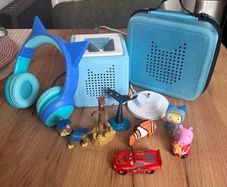 Blue Tonie Box with headphones, carry case and 6 Tonies