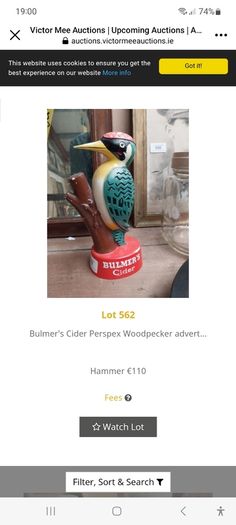 Original bulmers woodpecker display item,collectors item, hard to come by ,little damage on he's beak,,see pictures for condition,,price includes post to anywhere in Ireland, by certificate proof of post, sold as is ..made by Harry E. tunnigcliffe London,