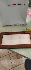 Vintage Addison Ross London MH63M7 Brown Star Marquetry 3x7 triple image photo frame, wooden photo frame, long photo frame, made in England, desk photo frame, 3 image frame, Oval Mount wall hanging.