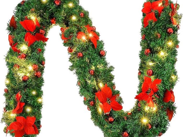 MASSIVE SALE 9FT Christmas Garland Decorations, 2.7M Wreath Garlands Decorations Xmas for Fireplaces Stairs, Christmas Garlands with Lights, Red Flower and Red Ball, Holiday, Wedding Party Decoration