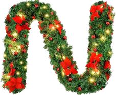 MASSIVE SALE 9FT Christmas Garland Decorations, 2.7M Wreath Garlands Decorations Xmas for Fireplaces Stairs, Christmas Garlands with Lights, Red Flower and Red Ball, Holiday, Wedding Party Decoration