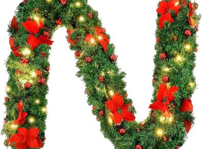 MASSIVE SALE 9FT Christmas Garland Decorations, 2.7M Wreath Garlands Decorations Xmas for Fireplaces Stairs, Christmas Garlands with Lights, Red Flower and Red Ball, Holiday, Wedding Party Decoration