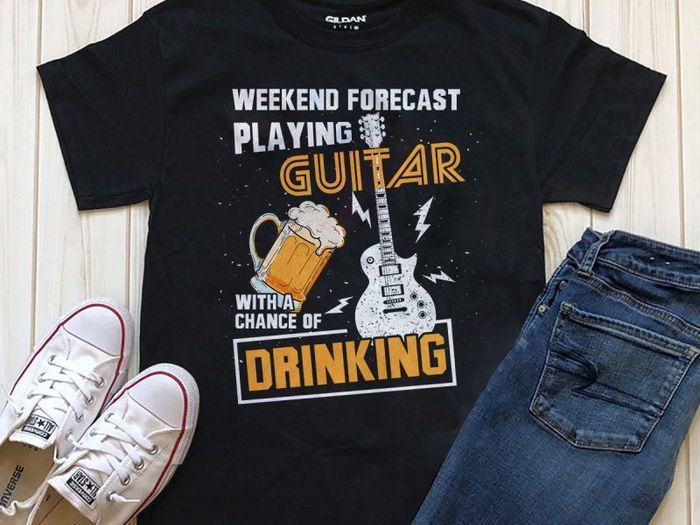 Weekend forecast playing guitar with a chance of beer t-shirt