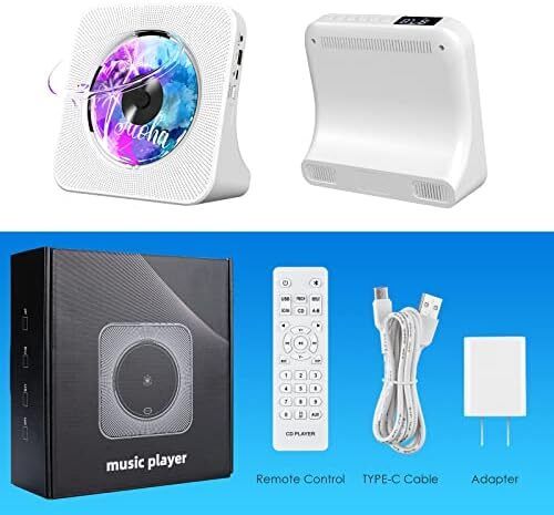 Portable CD Player with Bluetooth, Gueray Desktop CD Players for Home, Bulit-in Double HiFi Speakers, AUX&Headphone Jack, FM Radio Boombox with Remote Control, USB Port,LCD Display (White)