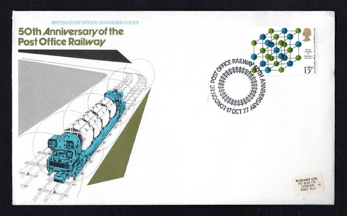 1977 Great Britain Illustrated Cover celebrating 50th Anniversary of the Post Office Railway tying  13p Royal Institute of Chemistry Commemorative stamp