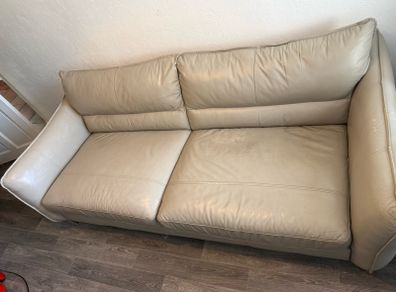 3 Seater Leather Sofa  220cm Neutral Beige
