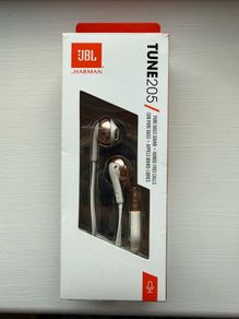 JBL Tune 205 Rose Gold and white in ear headphones