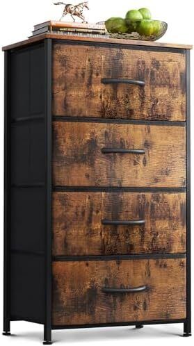 Narrow Chest of Drawers with 4 Drawers, Small Chest of Drawers with Fabric Drawer, Sturdy Steel Frame, Wooden Top, Suitable for Bedroom and Living Room, Retro