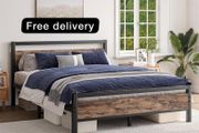 Metal Platform Bed Frame King Size with Wooden Headboard